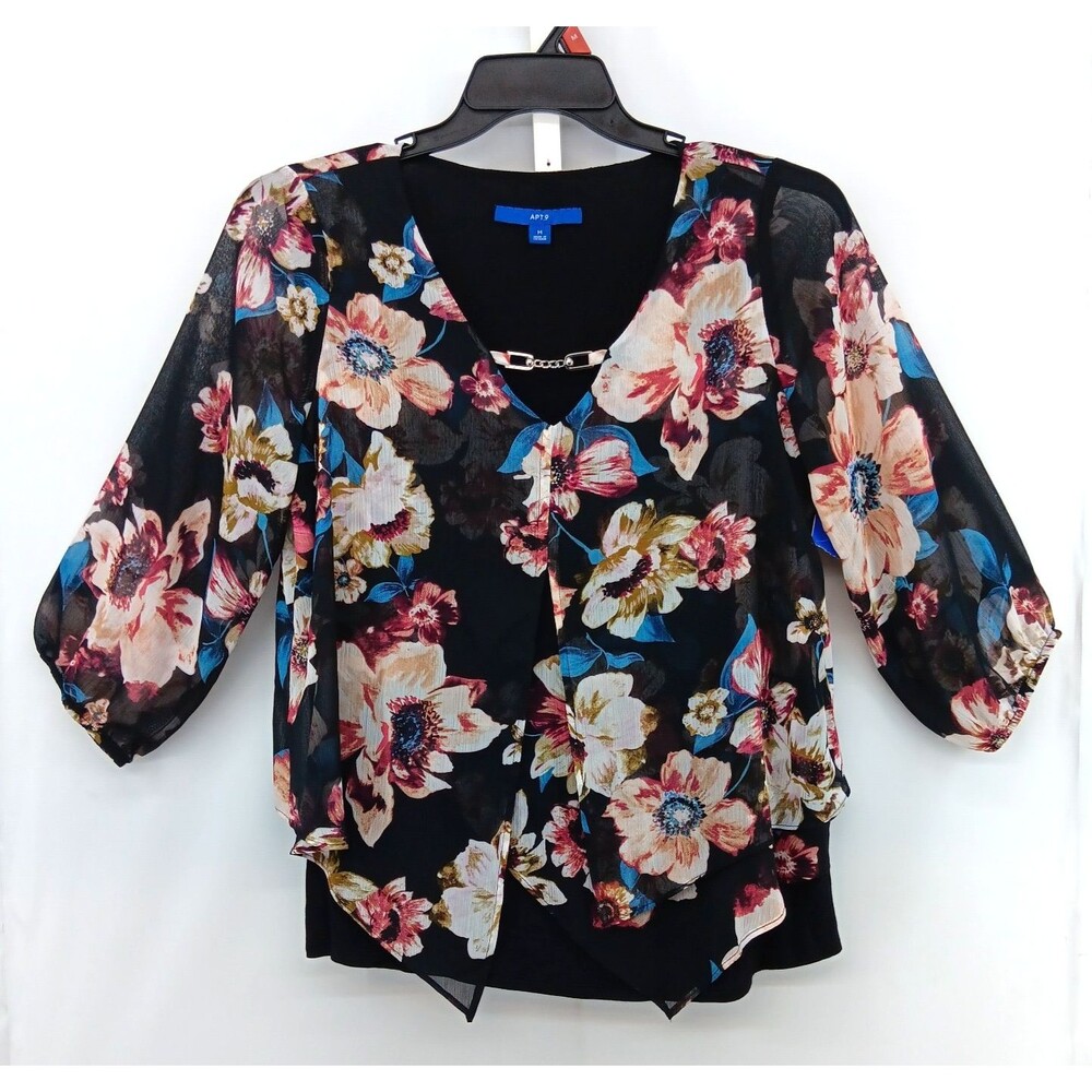 Apt. 9 Blouse Womens Medium Black Floral Sheer Tank Lined 3/4 Balloon Sleeve NWT